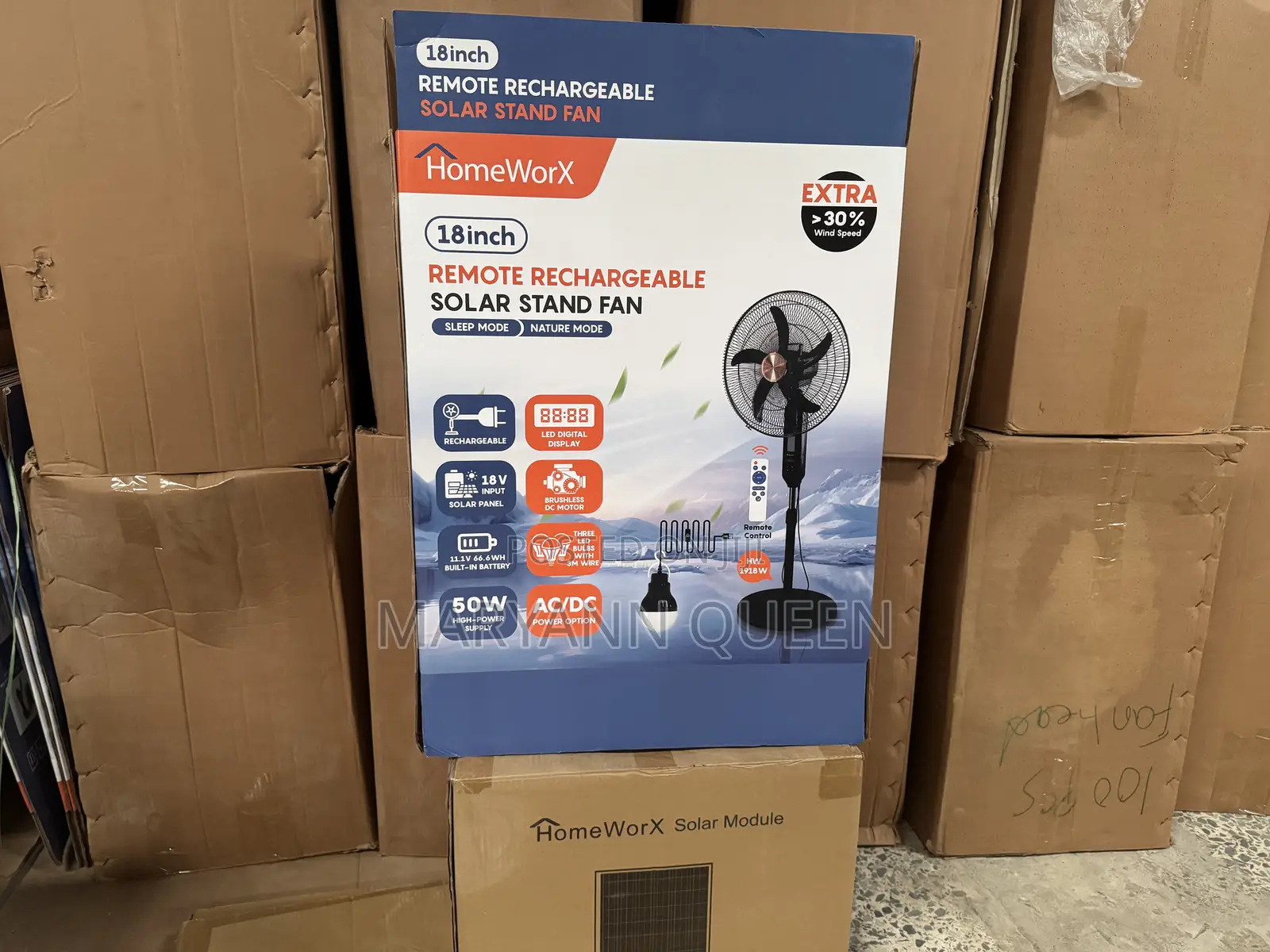 Homeworx 18inchs Solar Rechargeable Standing Fan With 25w Solar Panel
