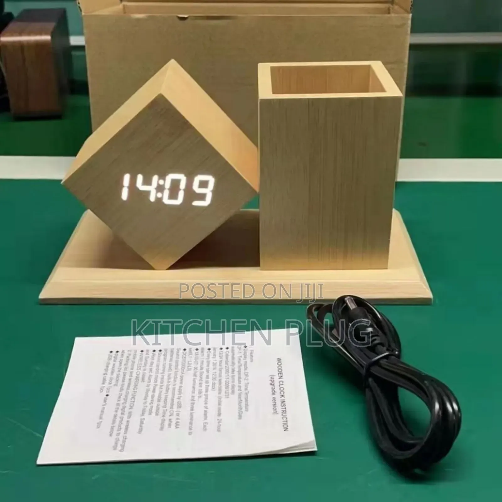 Bamboo Desk Clock With Pen Holder