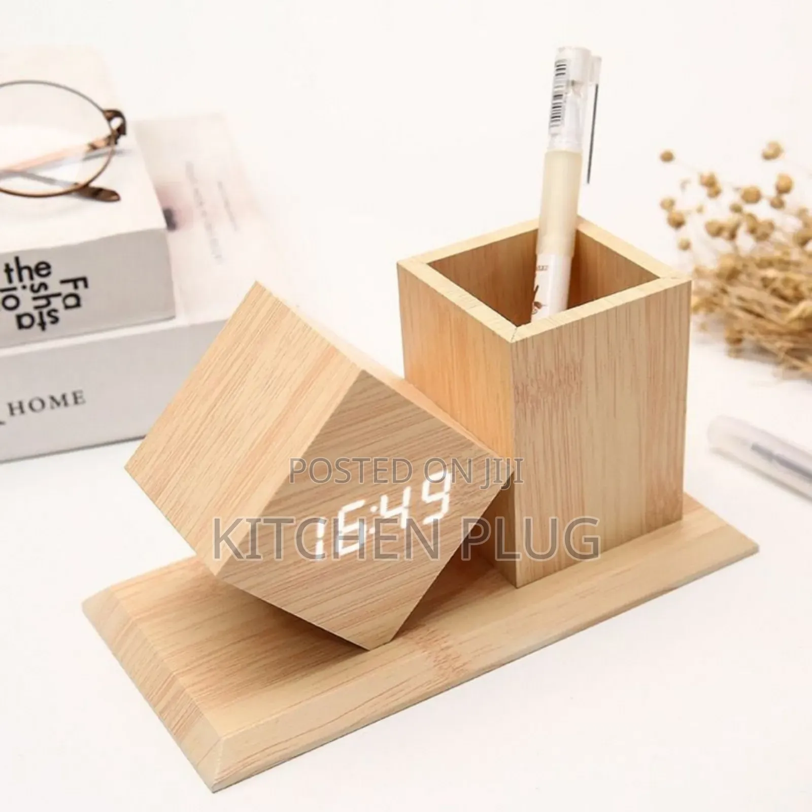 Bamboo Desk Clock With Pen Holder