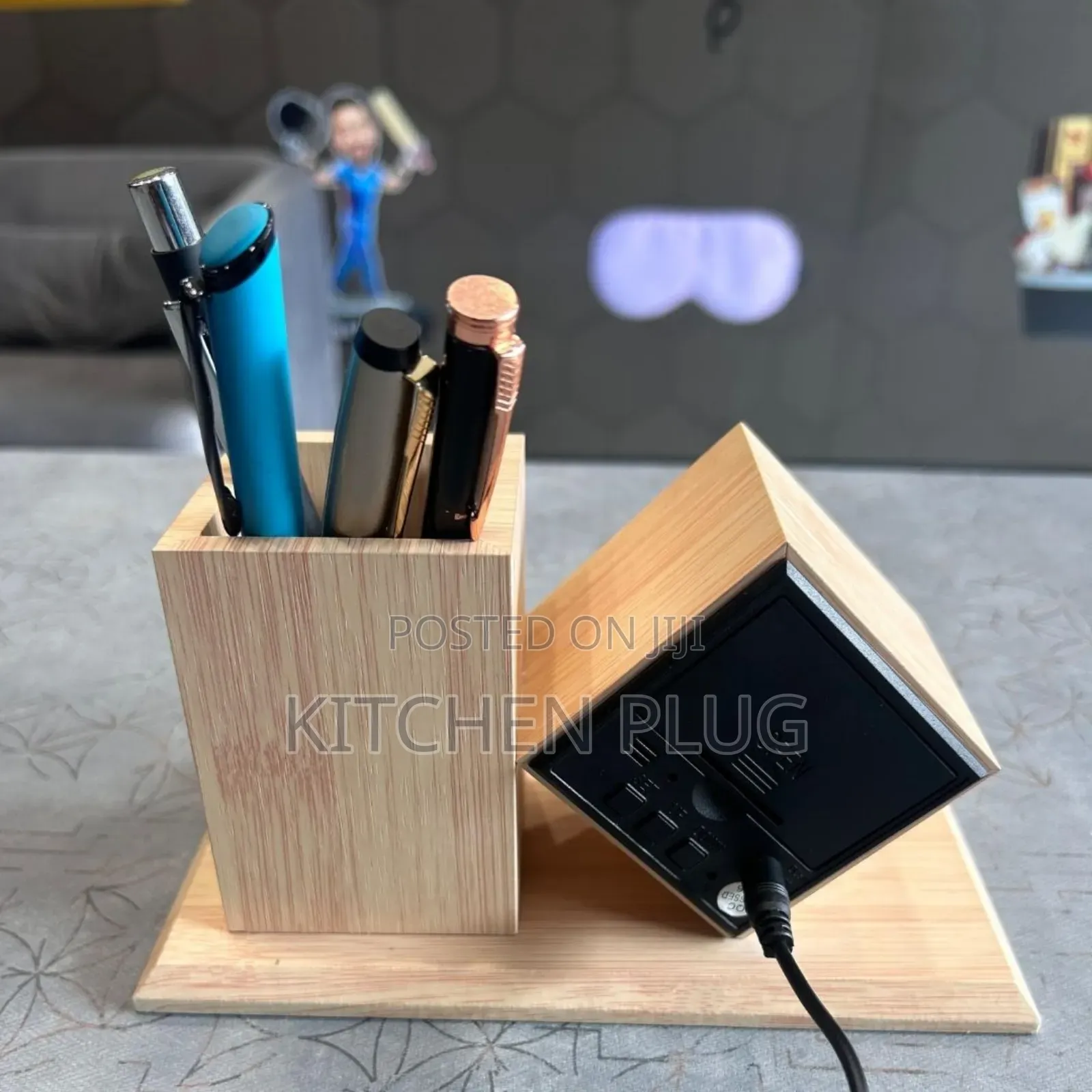 Bamboo Desk Clock With Pen Holder