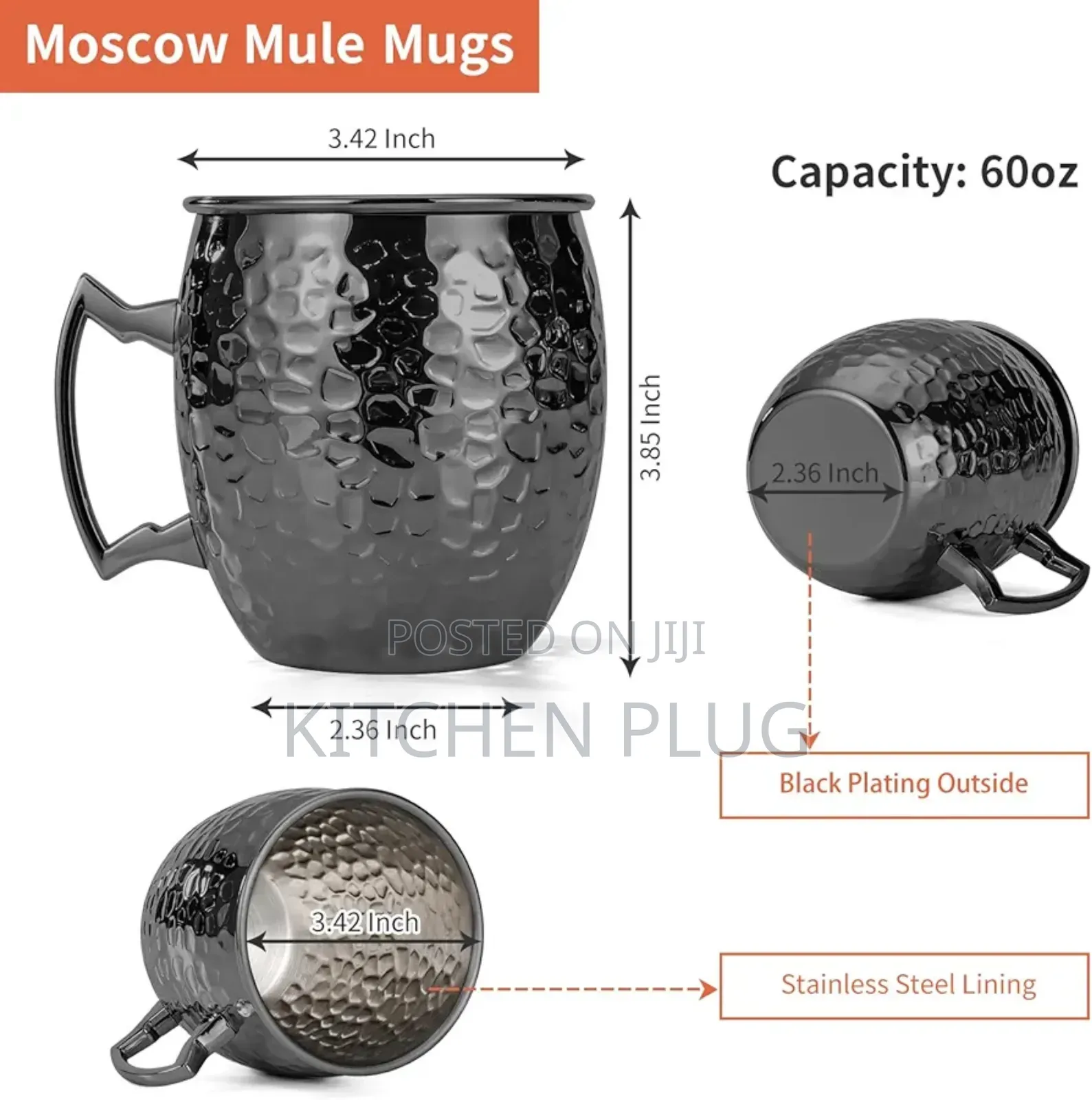 , 16 Oz Black Hammered Mule Cup With Handle, For Cold Drinks