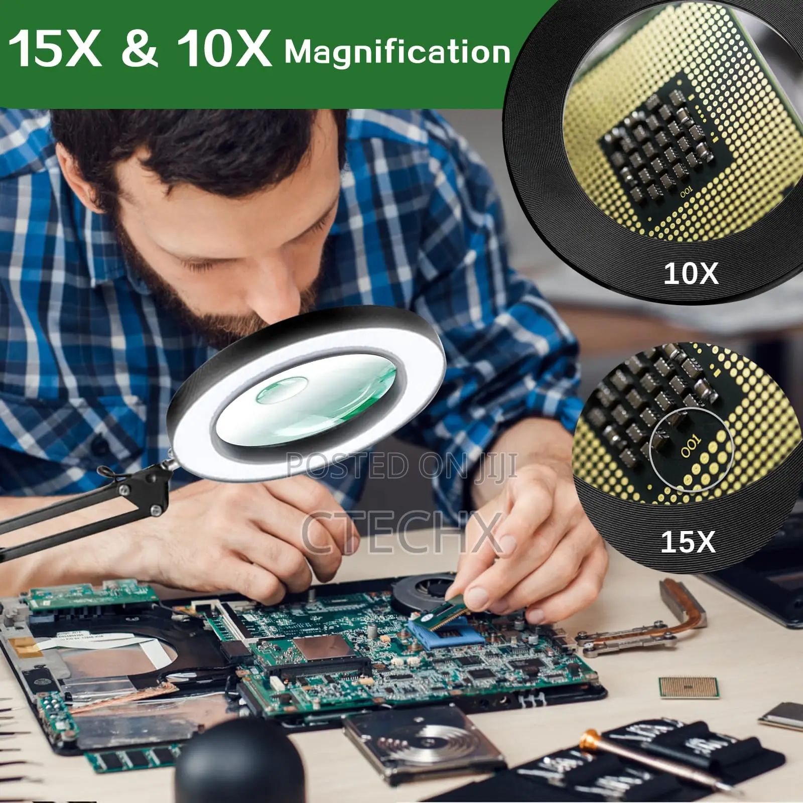 15x 10x Magnifying Glass With Light, Magnifier Clamp Lamp With Remote