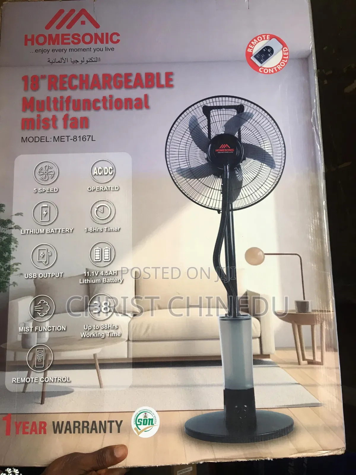18 Inches Homesonic Rechargeable Multifunctional Mist Fan Longer Last
