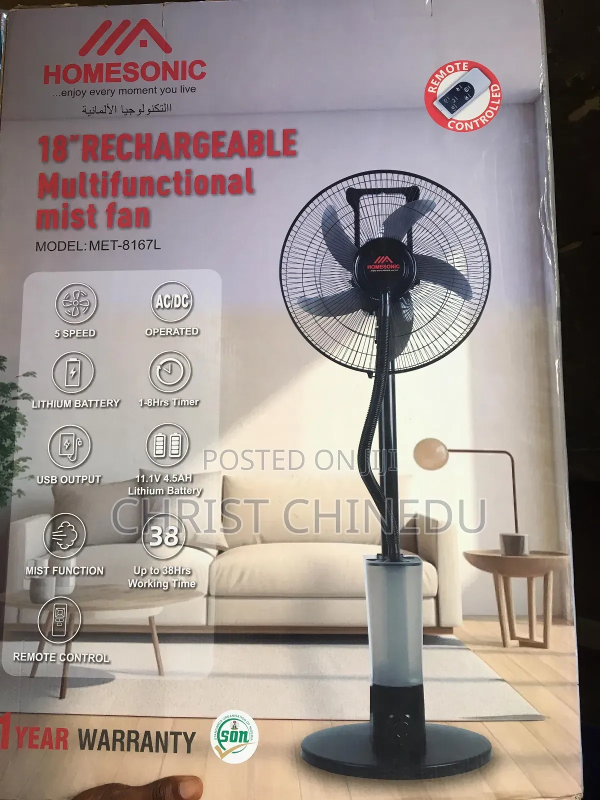 18 Inches Homesonic Rechargeable Multifunctional Mist Fan Longer Last