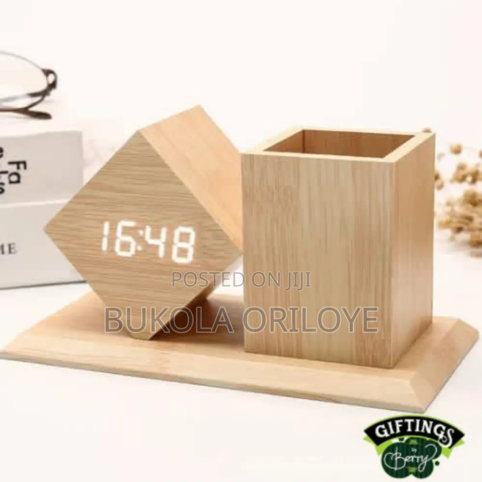 Bamboo Digital Clock and Temperature Pen Holder