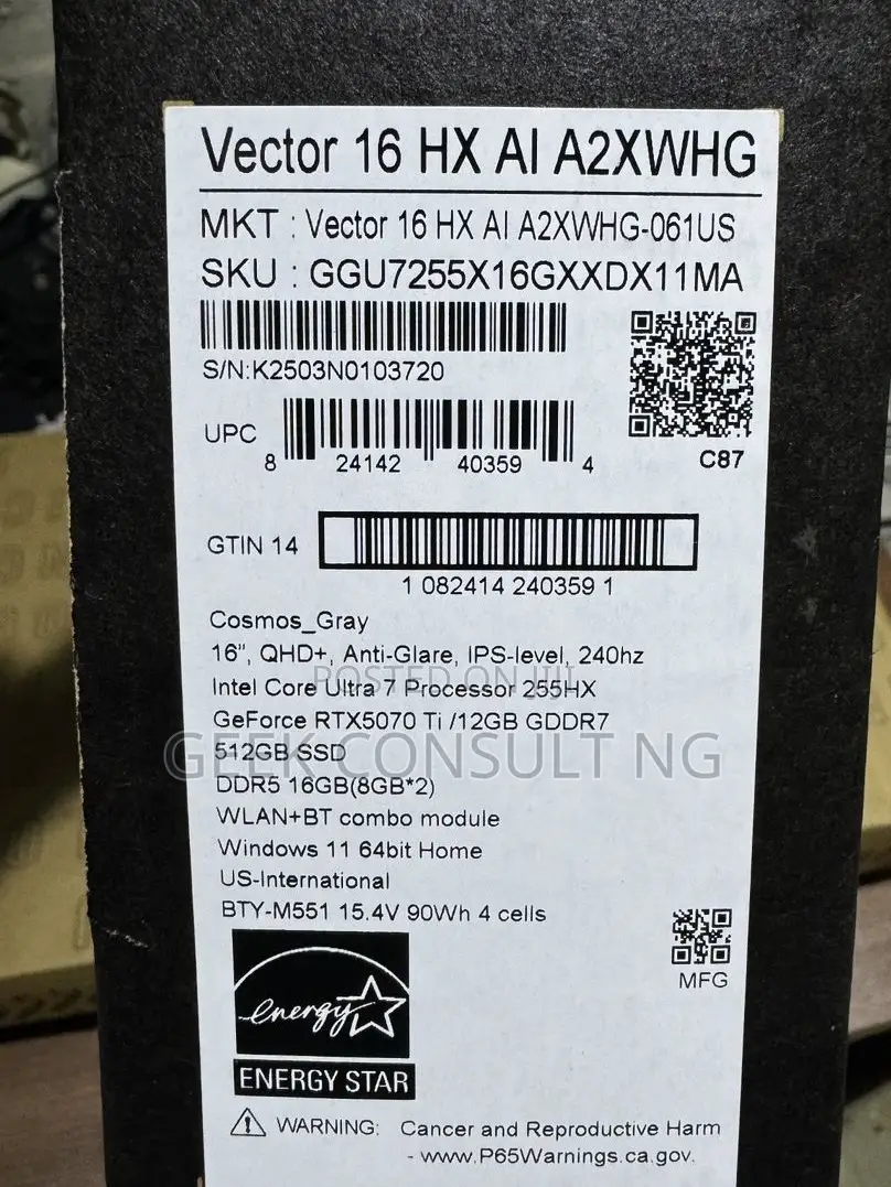 Laptop MSI Vector 16 HX AI A2XWIG 16GB Intel Core Ultra 7 SSD 512GB