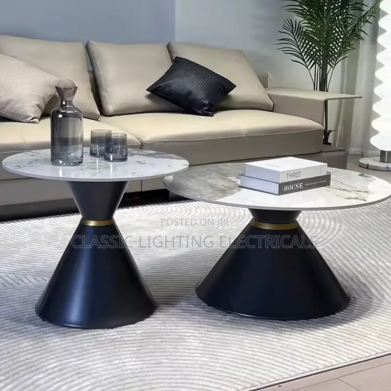 Design Living Room Coffee Side Table Black Metal Frame Round Coffee