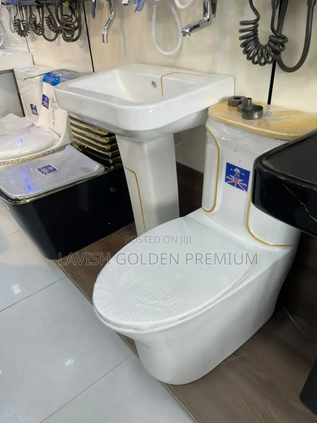 Gold and White Close Couple Toilet Seat With Wash Hand Basin