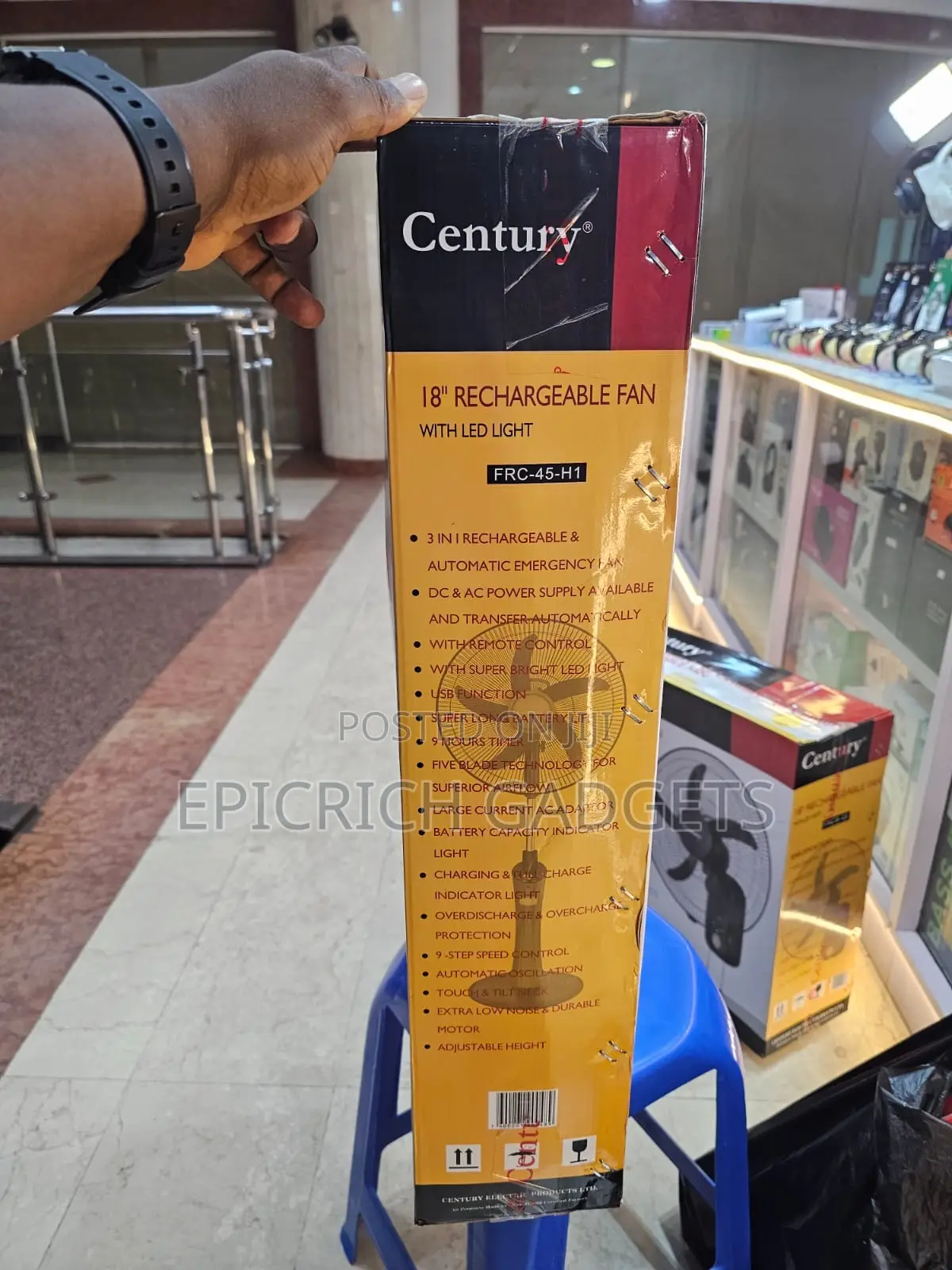 Century 18" Rechargeable Standing Fan With Led Light