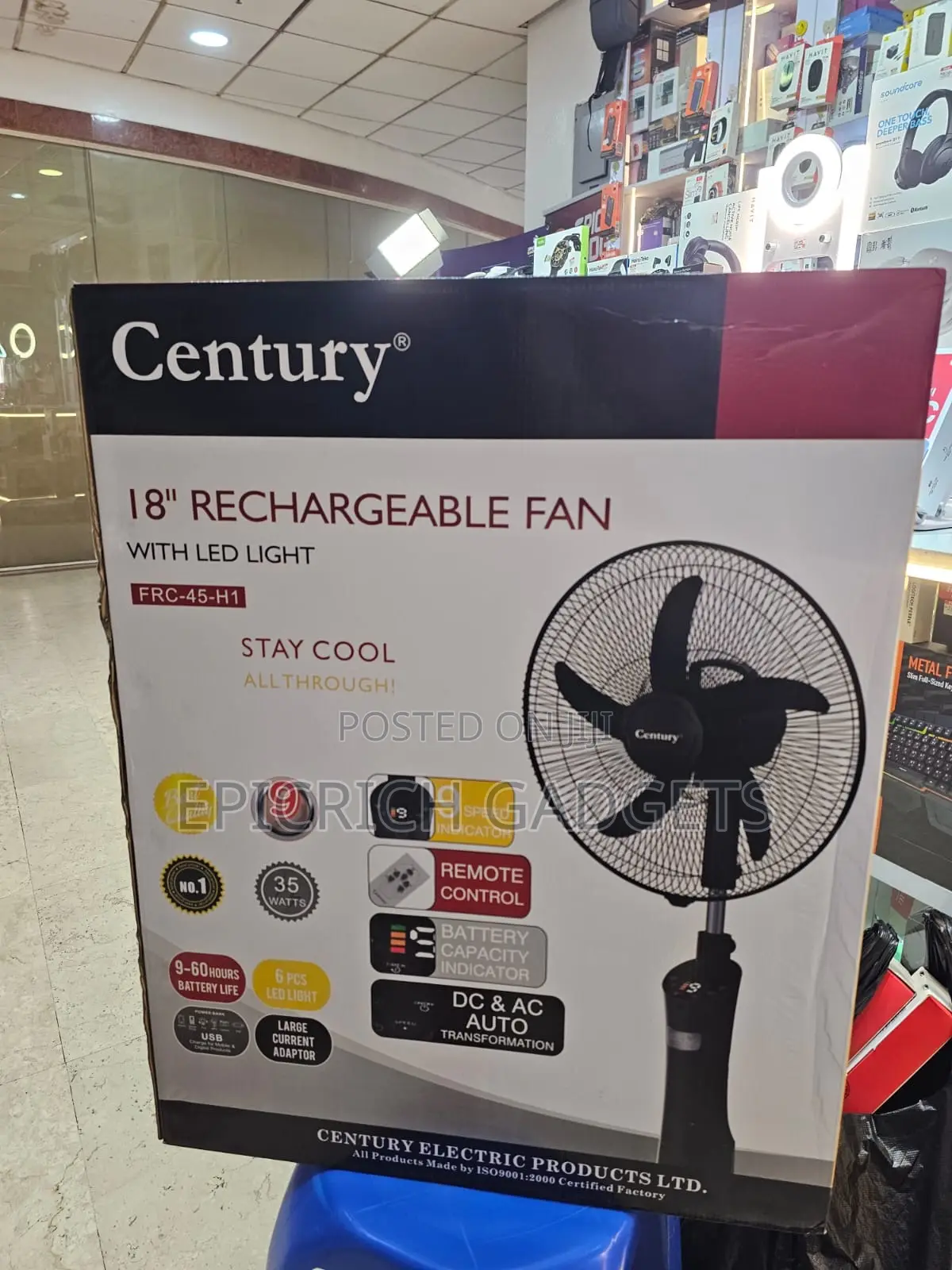 Century 18" Rechargeable Standing Fan With Led Light