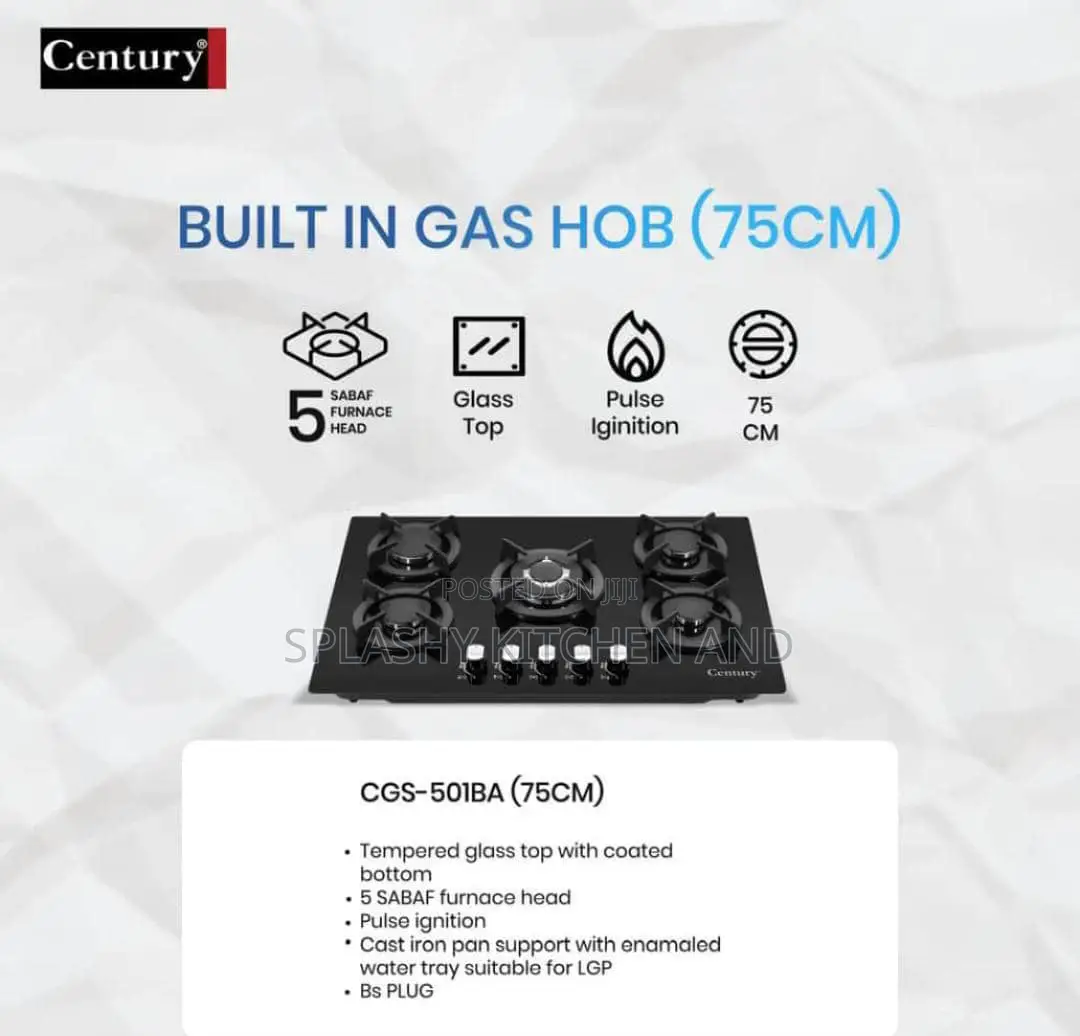 Century 5 Burner Tempered Glass Built-in Gas Hob