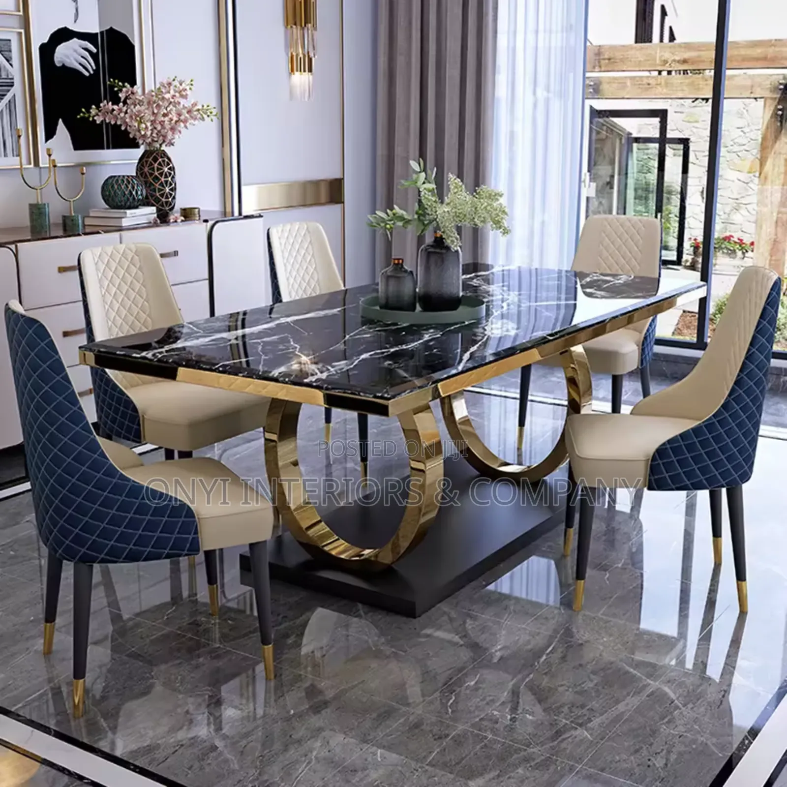Exotic Home Marble Dining Table and 6 Quality Leather Chairs