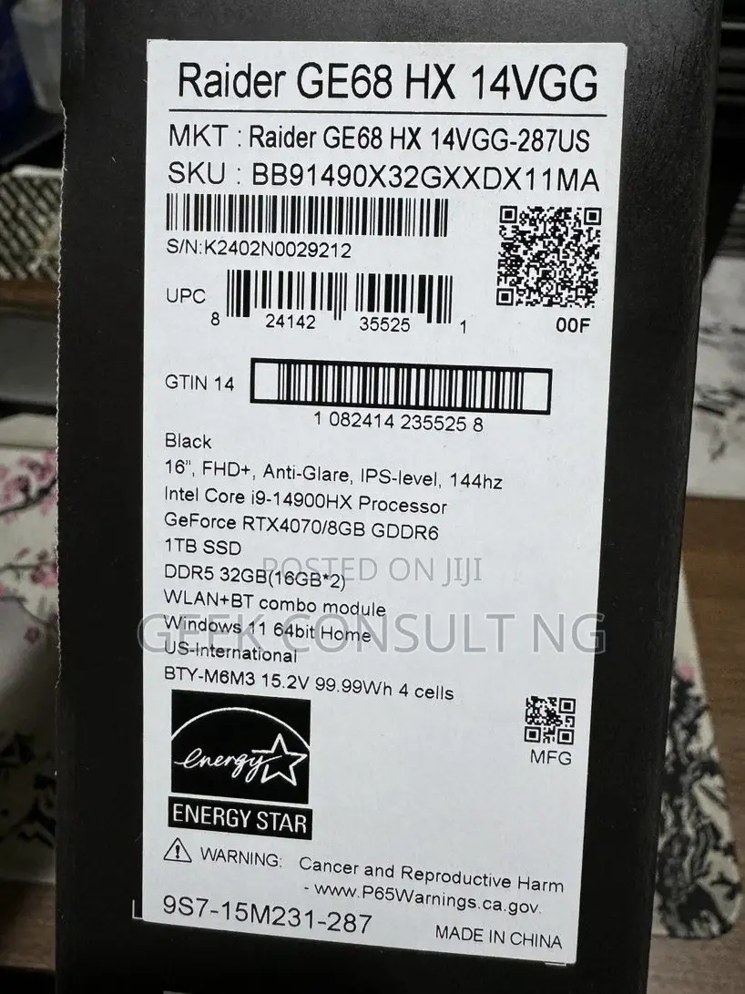 New Laptop MSI Raider GE68HX 13VI-202US 32GB Intel Core i9 SSD 1T