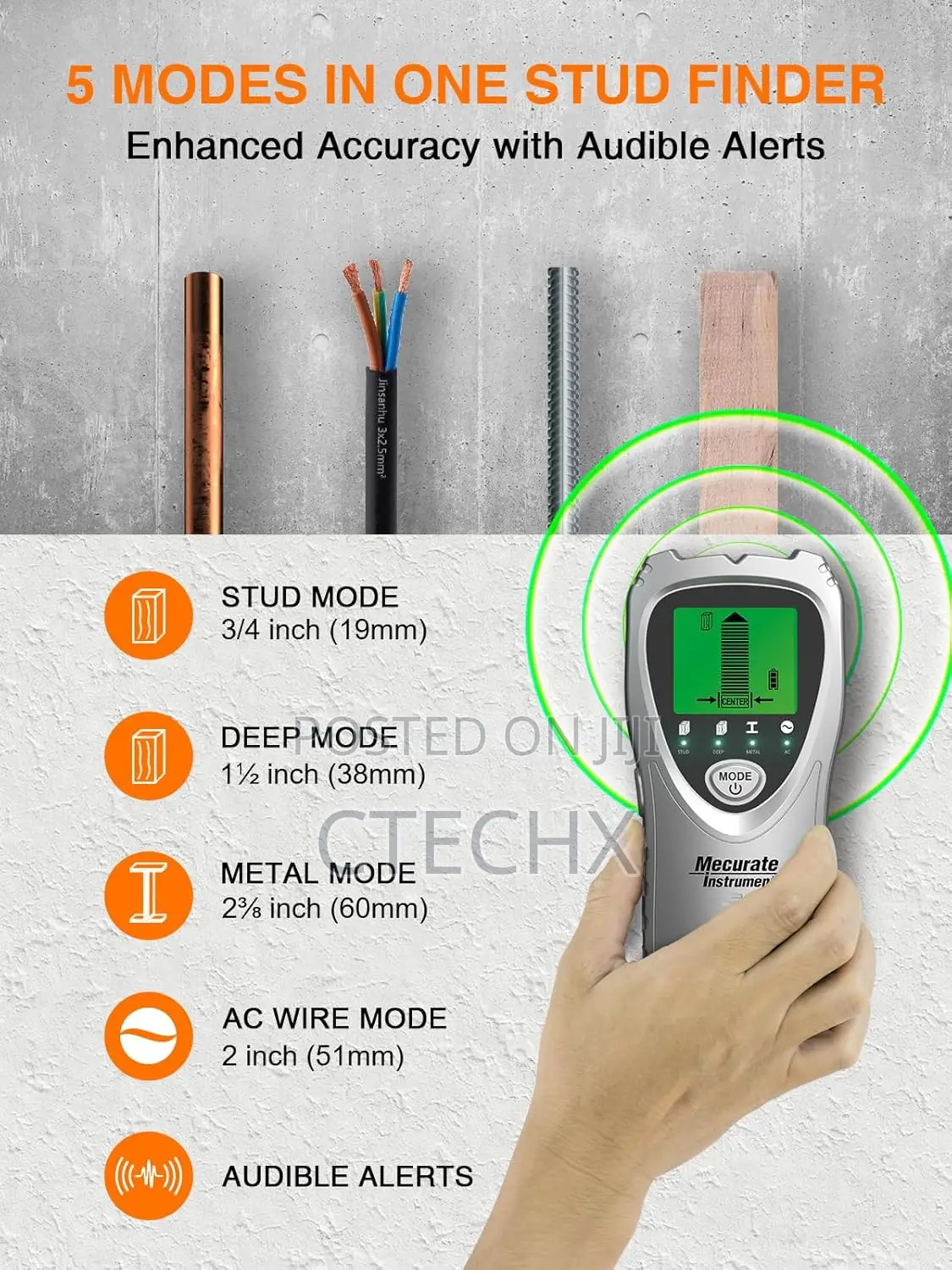 5 in 1 Wall Scanner Sensor With Alarm for Wood, Live Wire, Metal ,Pipe