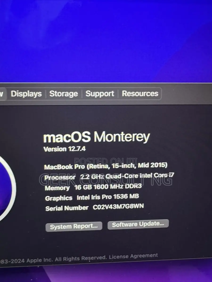 Laptop Apple MacBook Pro 2015 16GB Intel Core i7 SSD 512GB