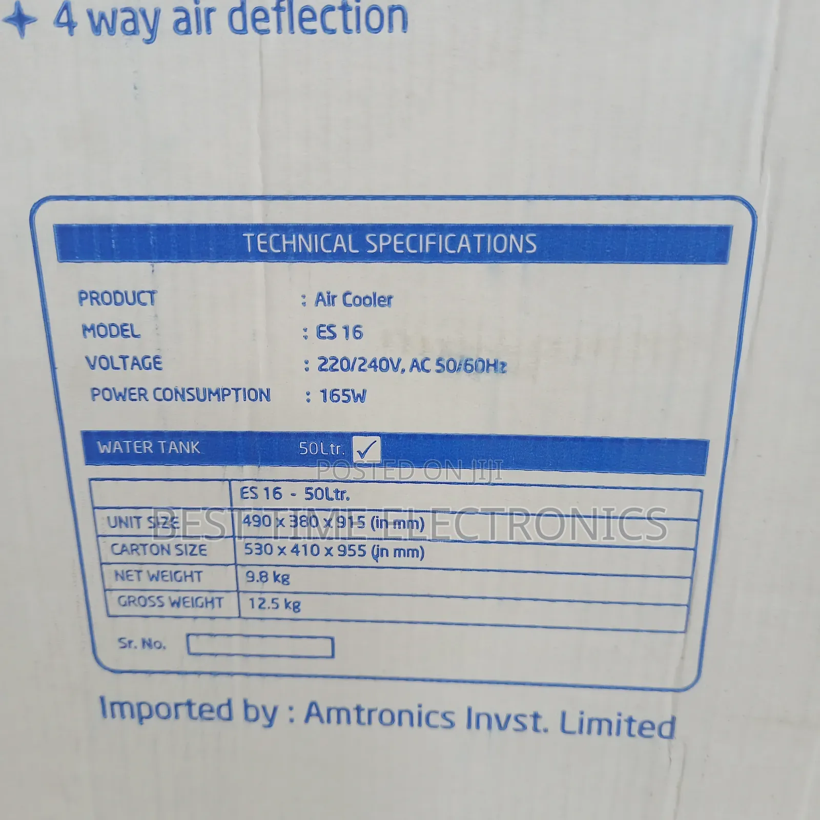 Eurosonic 50ltrs Electric Air Cooler (Es16)