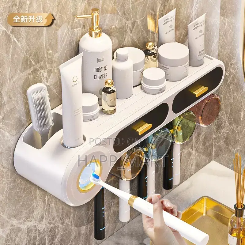 Wall-Mounted Bathroom Organizer With Automatic Toothpaste Dispenser