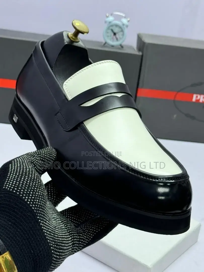 Luxury Prada Black and White Leather Shoes With Thick Sole–Fully Boxed