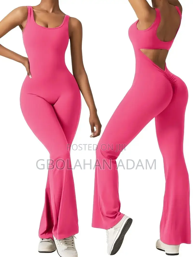 Women Workout Long Sleeve Backless Flare Jumpsuit Scrunch V Back