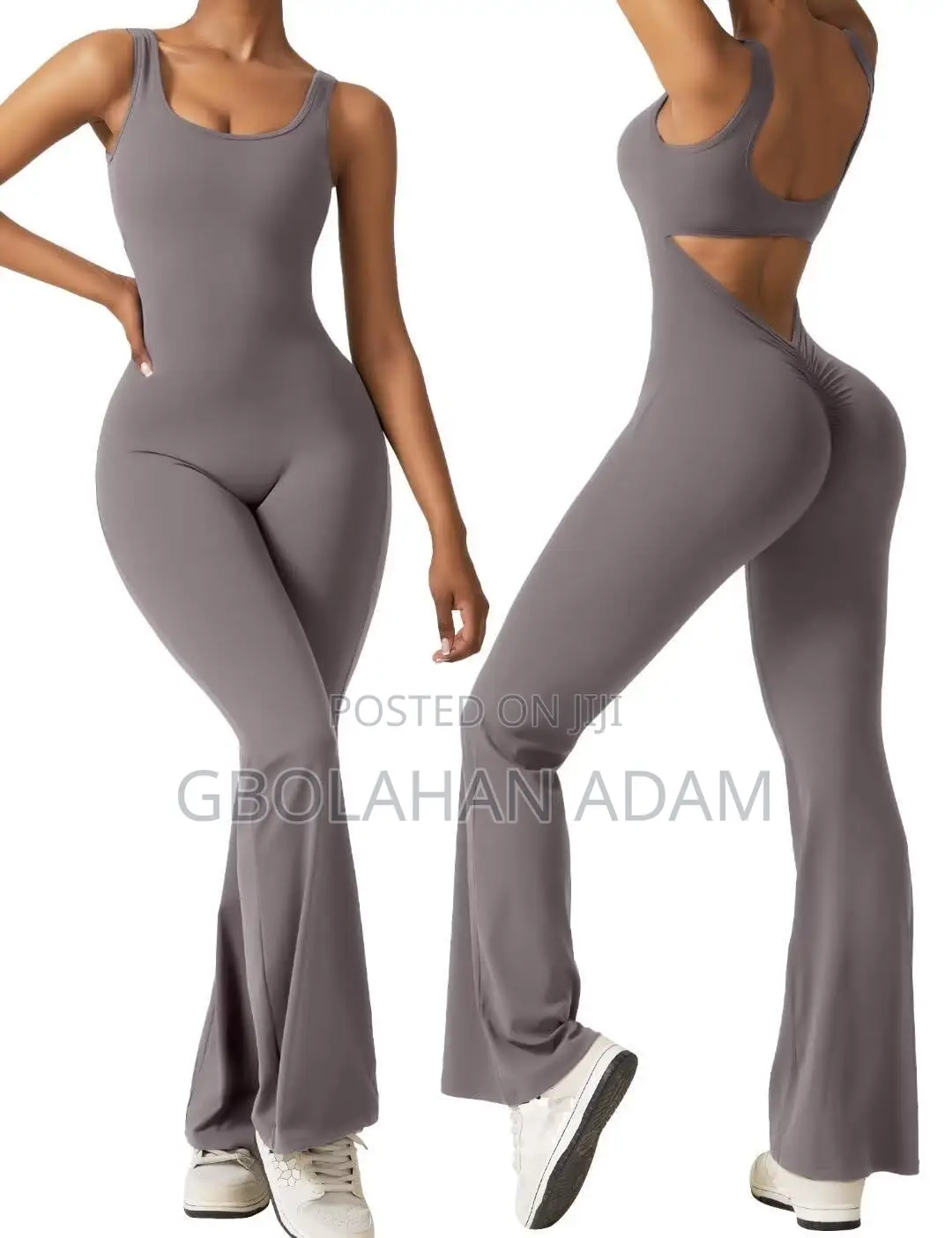 Women Workout Long Sleeve Backless Flare Jumpsuit Scrunch V Back