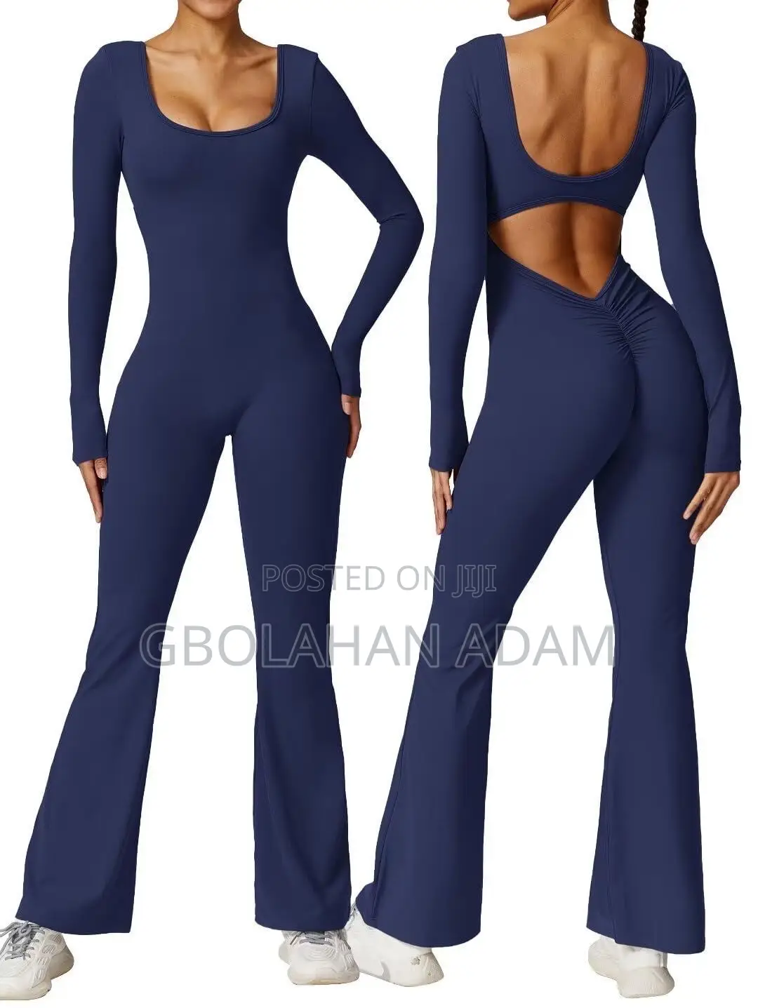 Women Workout Long Sleeve Backless Flare Jumpsuit Scrunch V Back