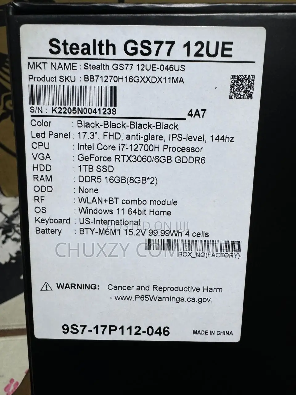 New Laptop MSI GS75 Stealth 16GB Intel Core I7 SSD 1T