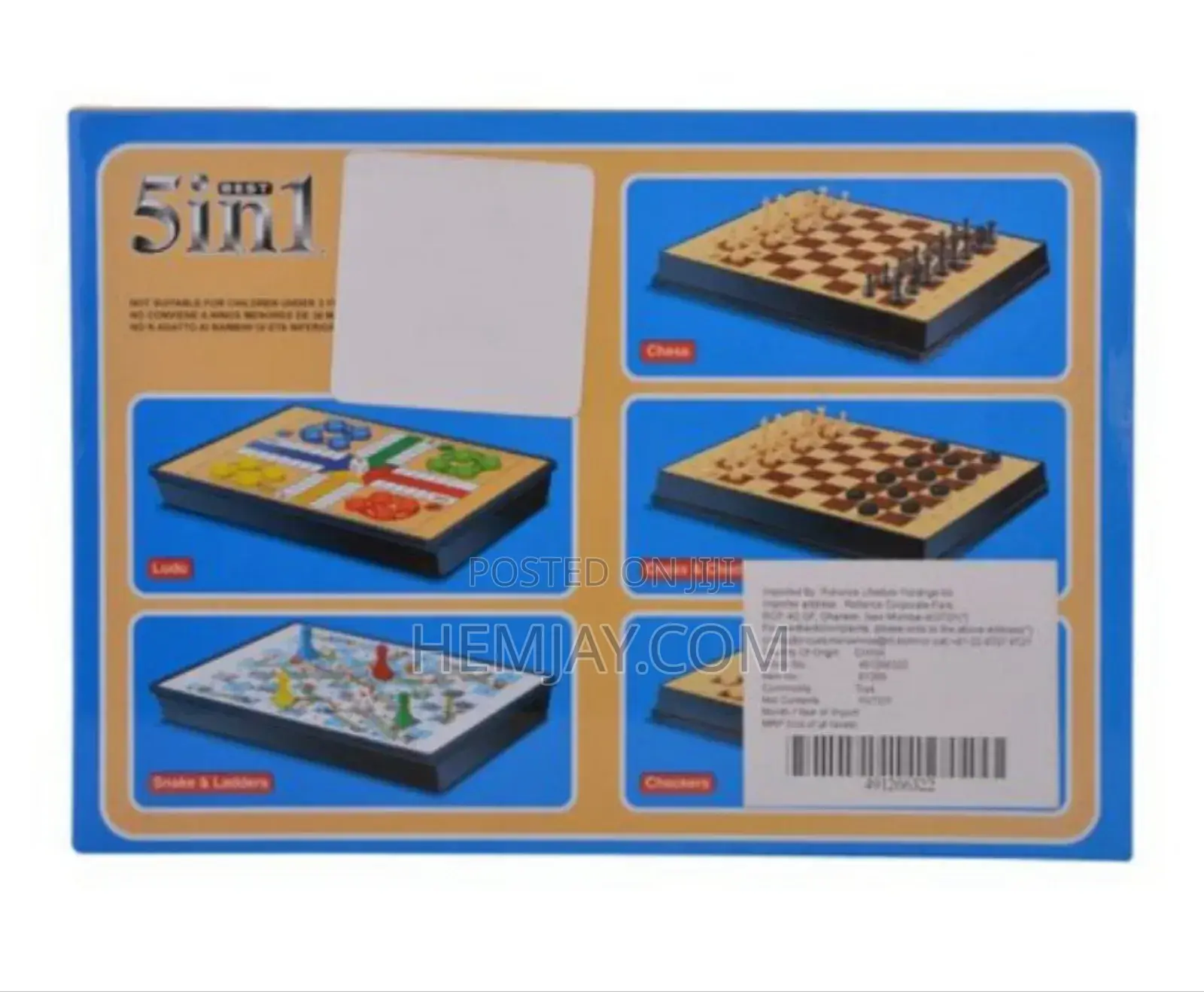 5 in 1 Games Board "Chess, Checkers, Draught, Snake Ladder and Ludo 
