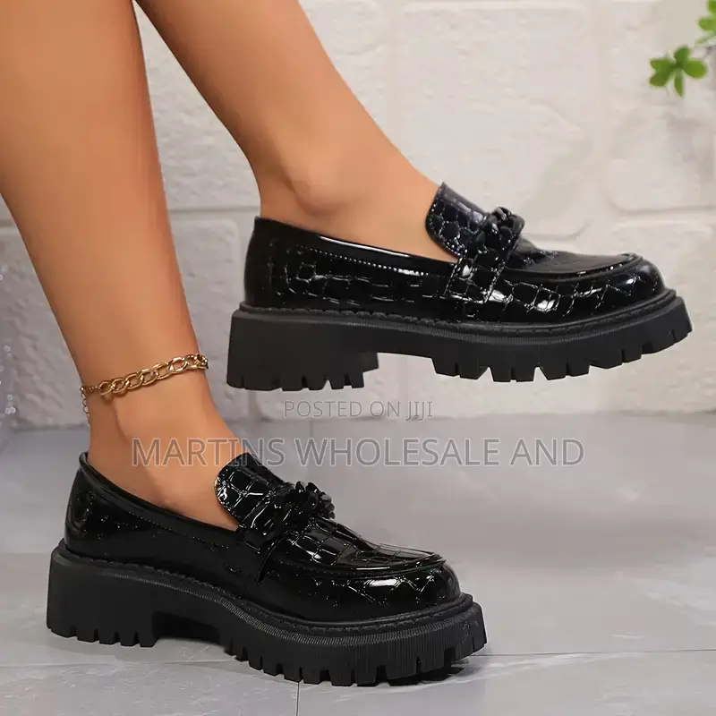 Black Patent Leather Chunky Loafers With a Croc-Embossed Pattern