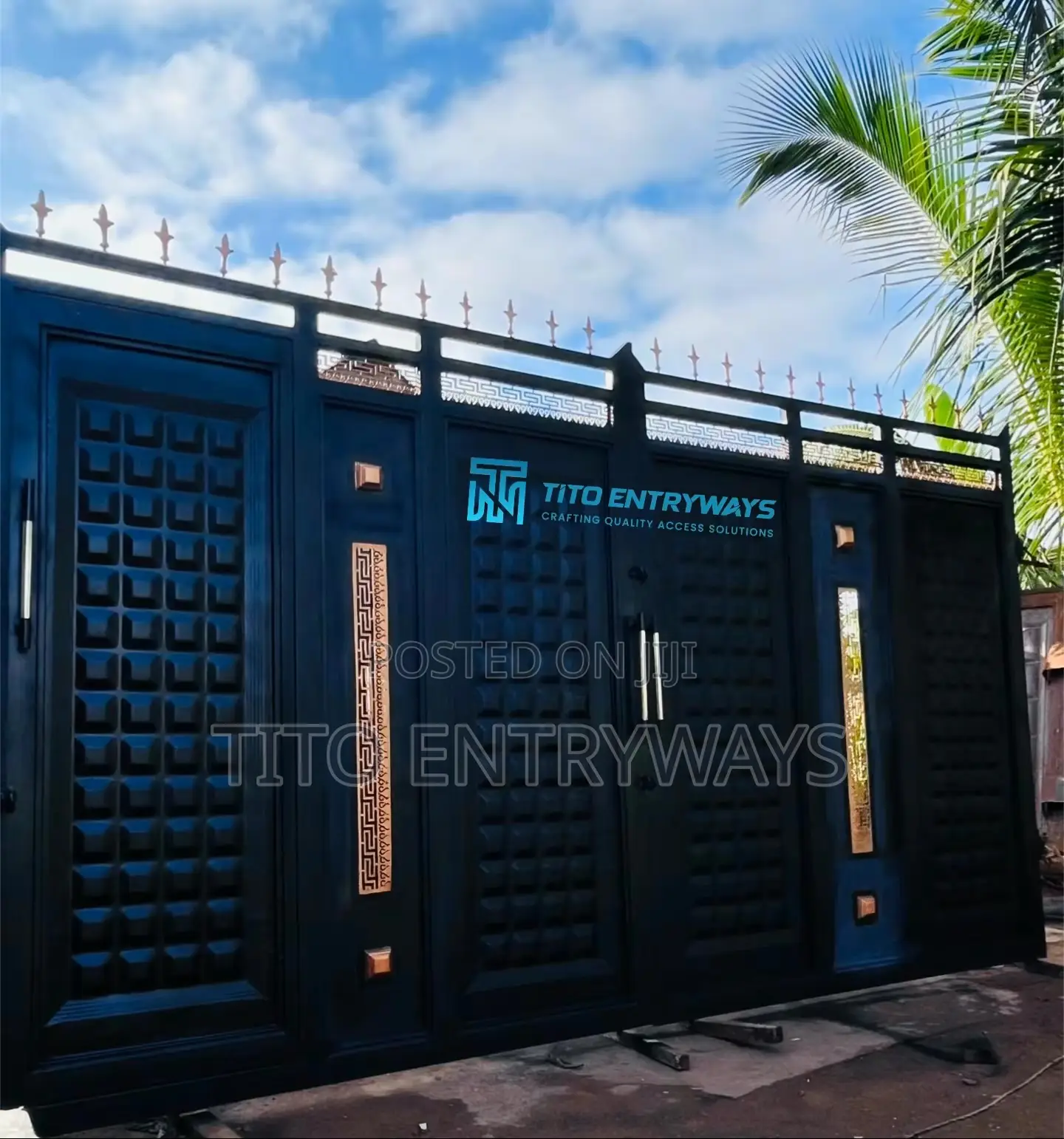 Modern Matte Black Gate With Gold Laser Design