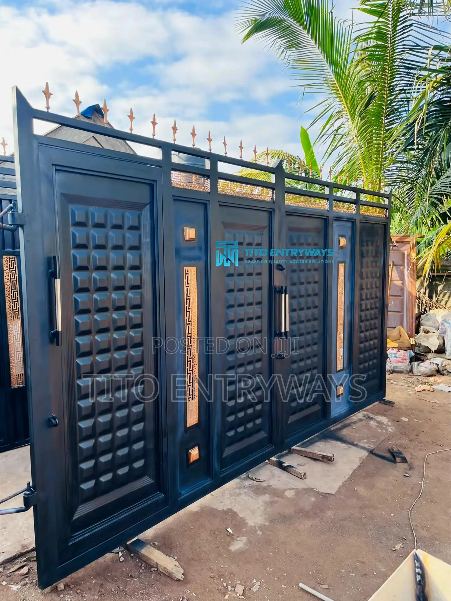 Modern Matte Black Gate With Gold Laser Design