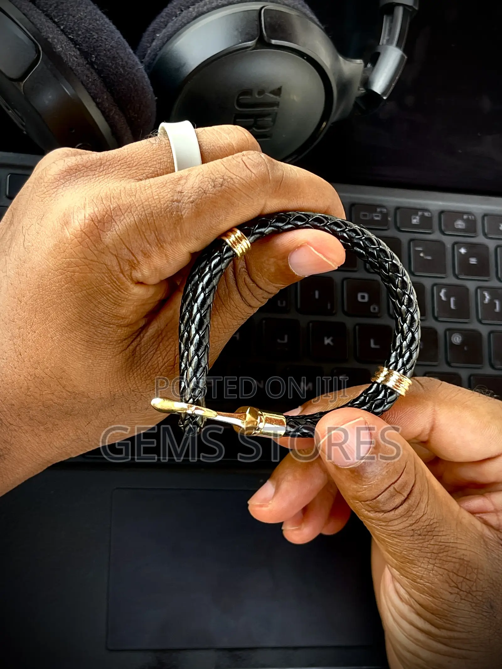 High-Grade Braided Leather Anchor Bracelet - Black Gold Finish