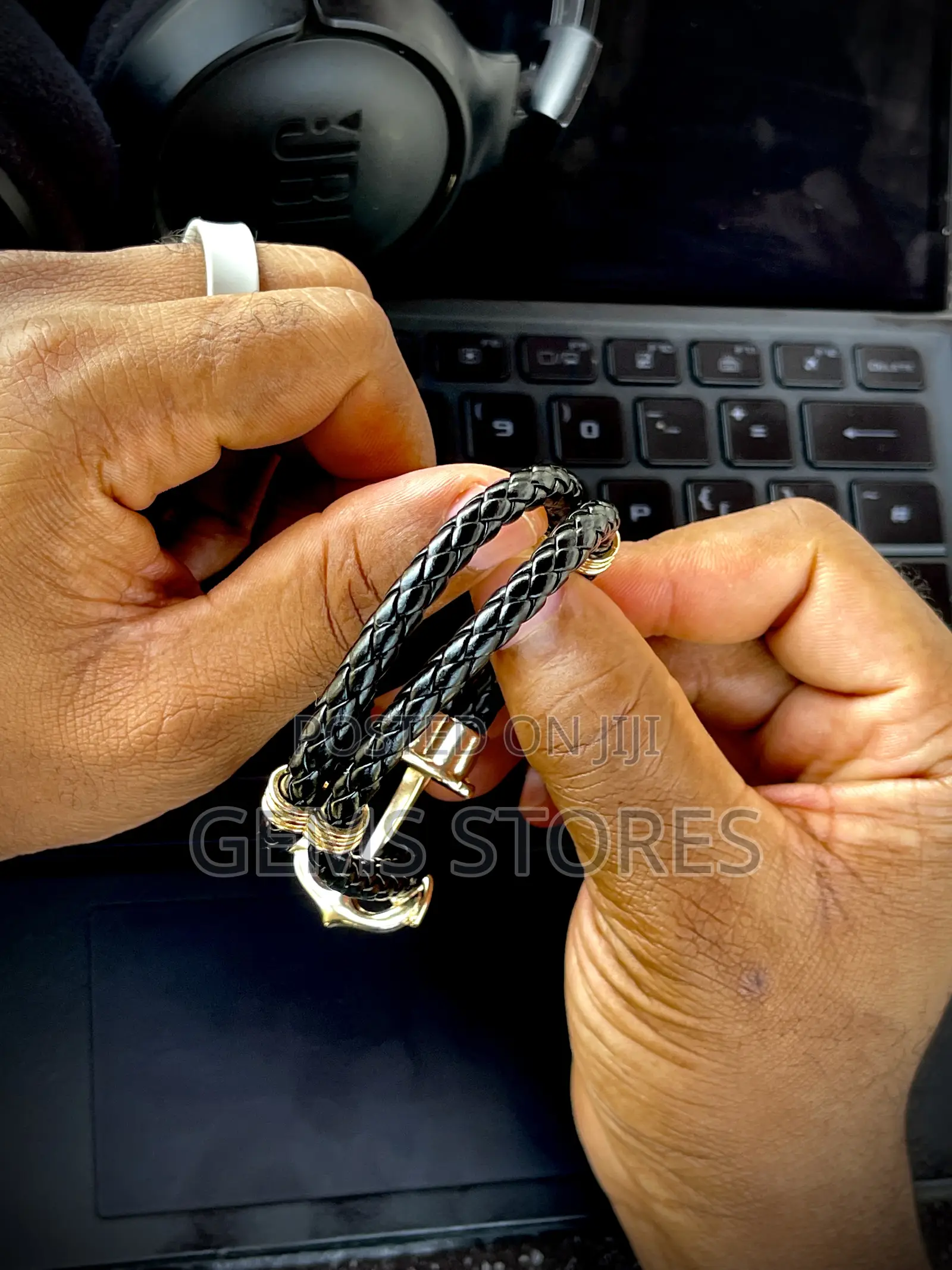 High-Grade Braided Leather Anchor Bracelet - Black Gold Finish