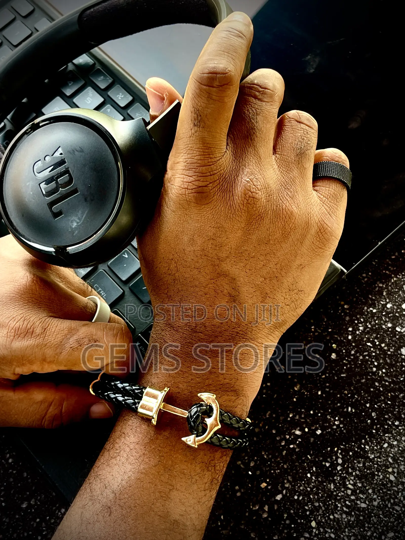 High-Grade Braided Leather Anchor Bracelet - Black Gold Finish