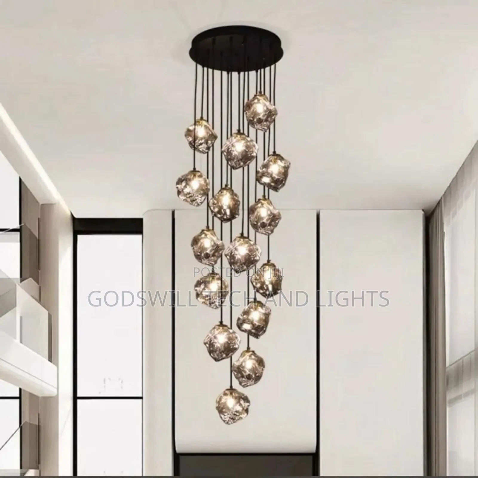 Modern Smoked Glass Crystal Cluster Chandelier.