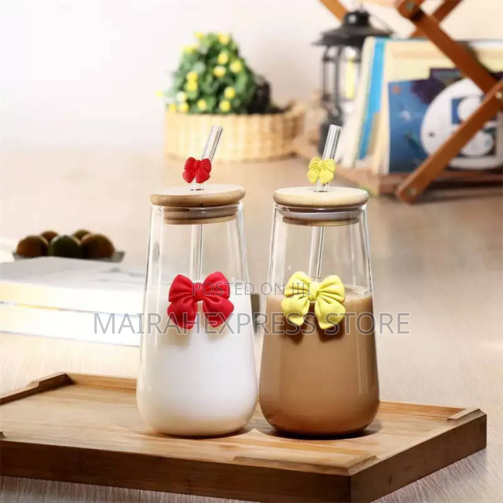 Fresh and Cute Glass Bow Straw Smoothie Bamboo Lid Cup (2st7)
