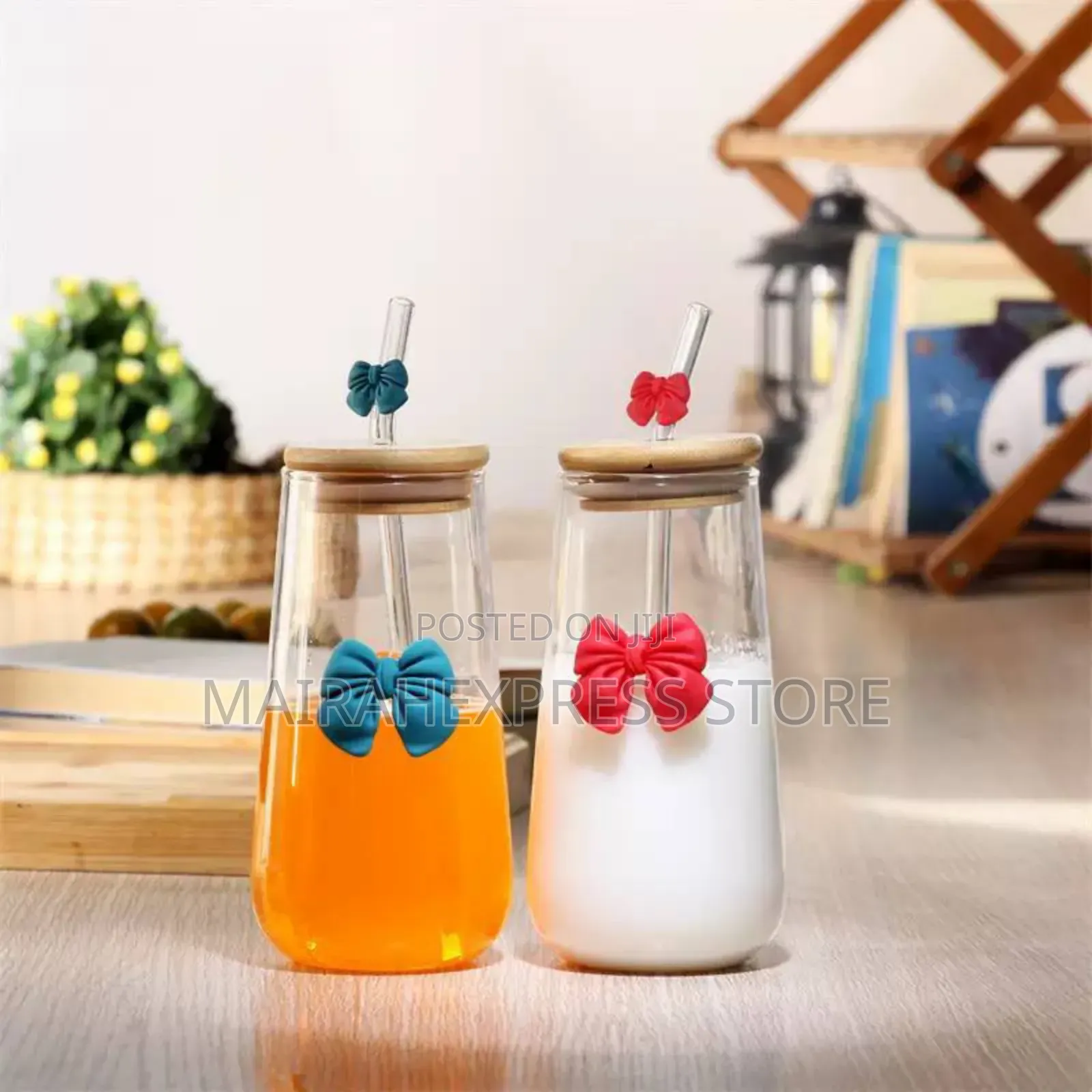 Fresh and Cute Glass Bow Straw Smoothie Bamboo Lid Cup (2st7)