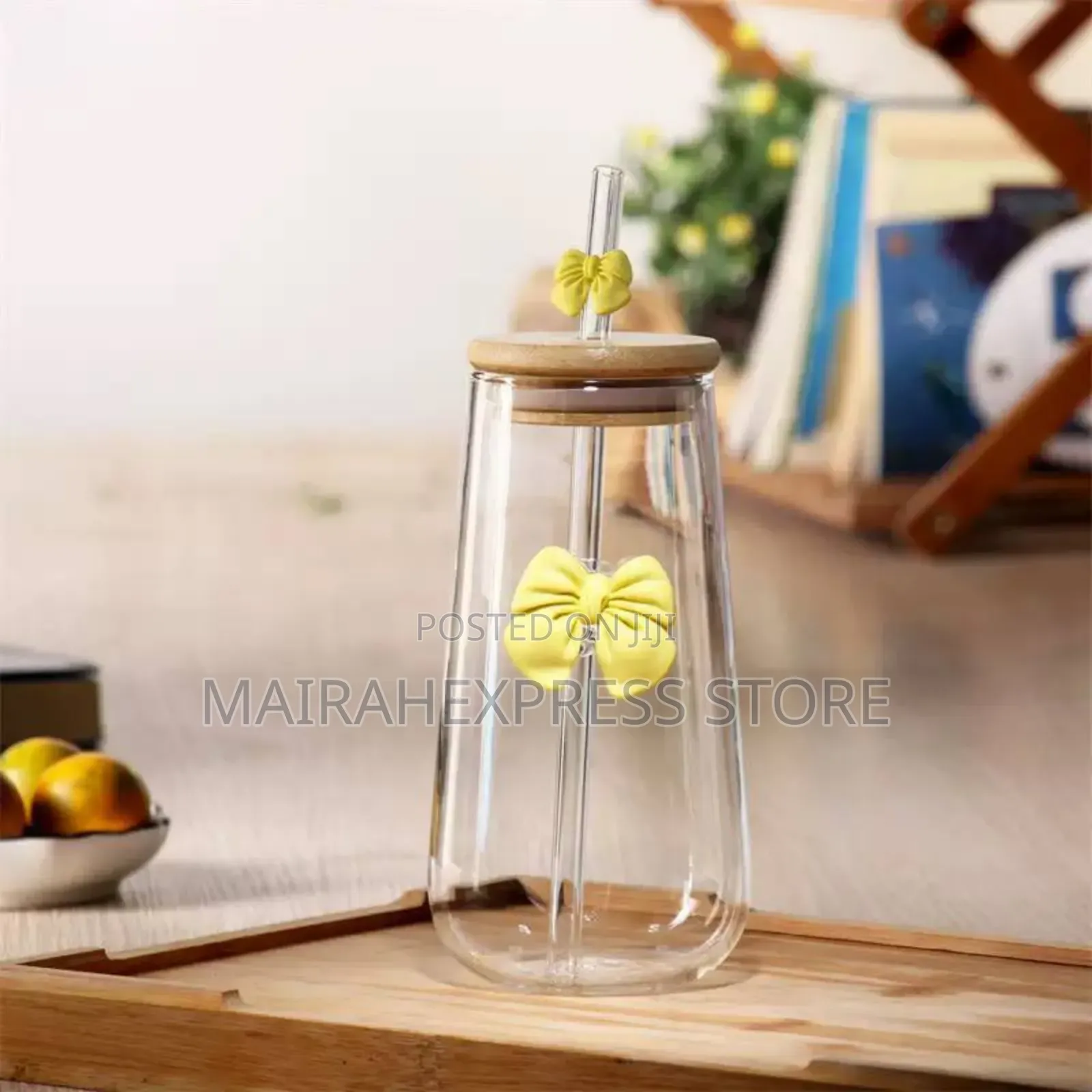 Fresh and Cute Glass Bow Straw Smoothie Bamboo Lid Cup (2st7)