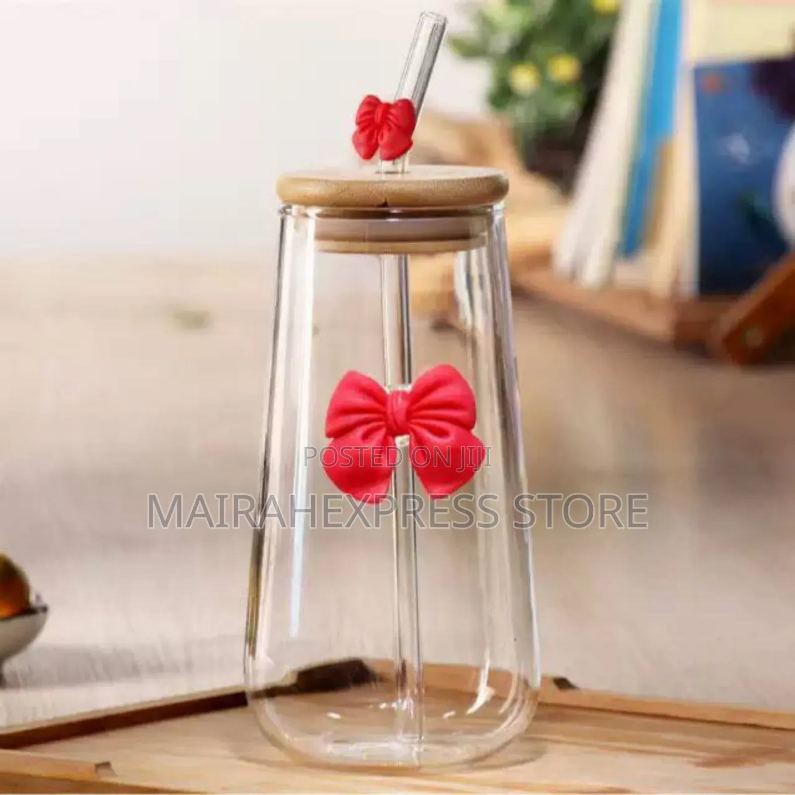 Fresh and Cute Glass Bow Straw Smoothie Bamboo Lid Cup (2st7)