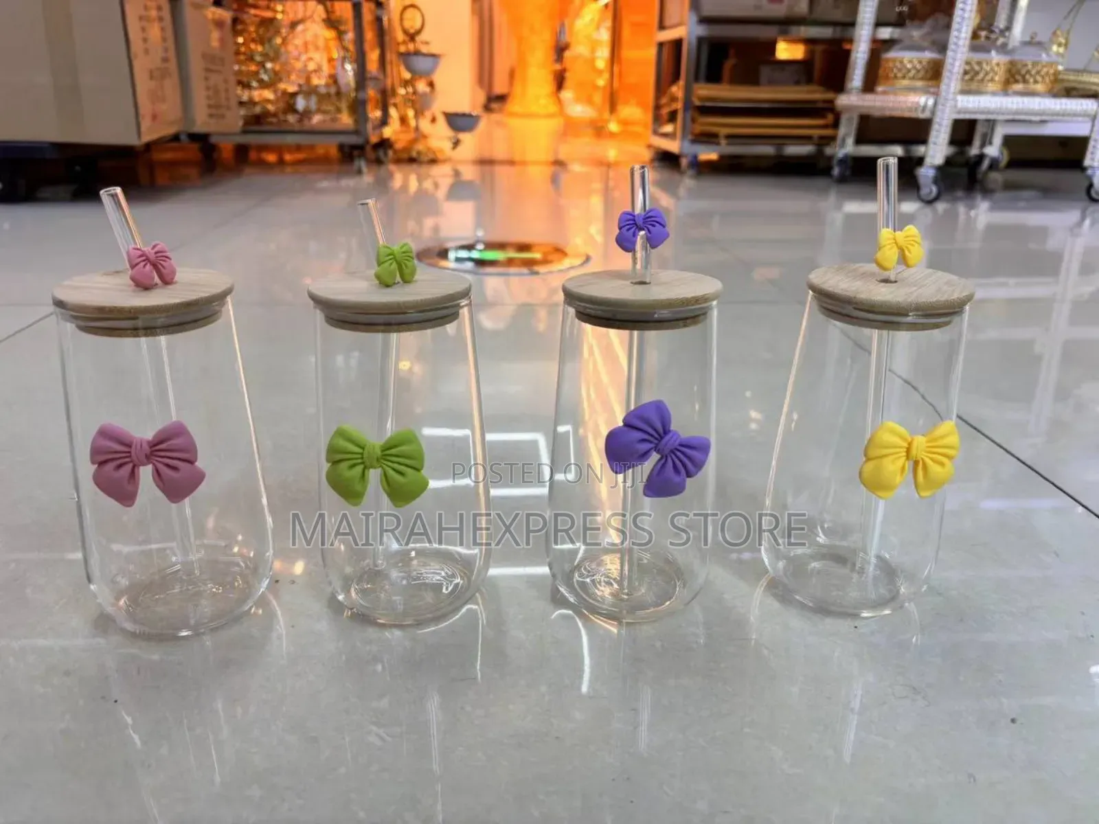 Fresh and Cute Glass Bow Straw Smoothie Bamboo Lid Cup (2st7)