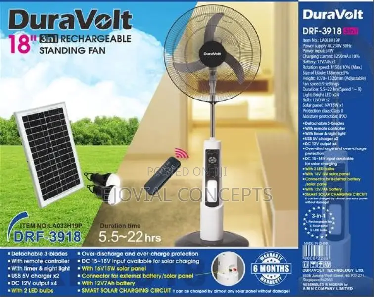 Duravolt DRF-3918 Rechargeable 18" Standing Fan 3-in-1