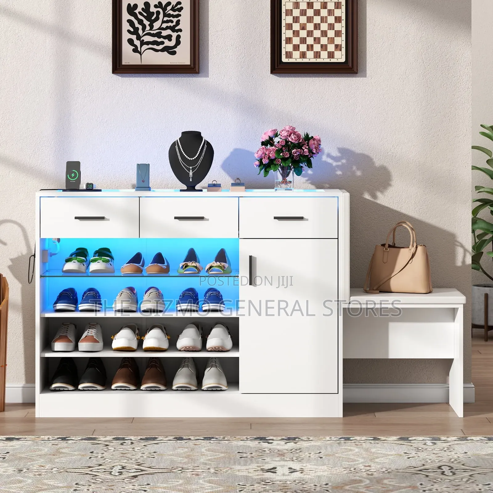 Modern Glass Top Shoe Cabinet With Charging Led Light