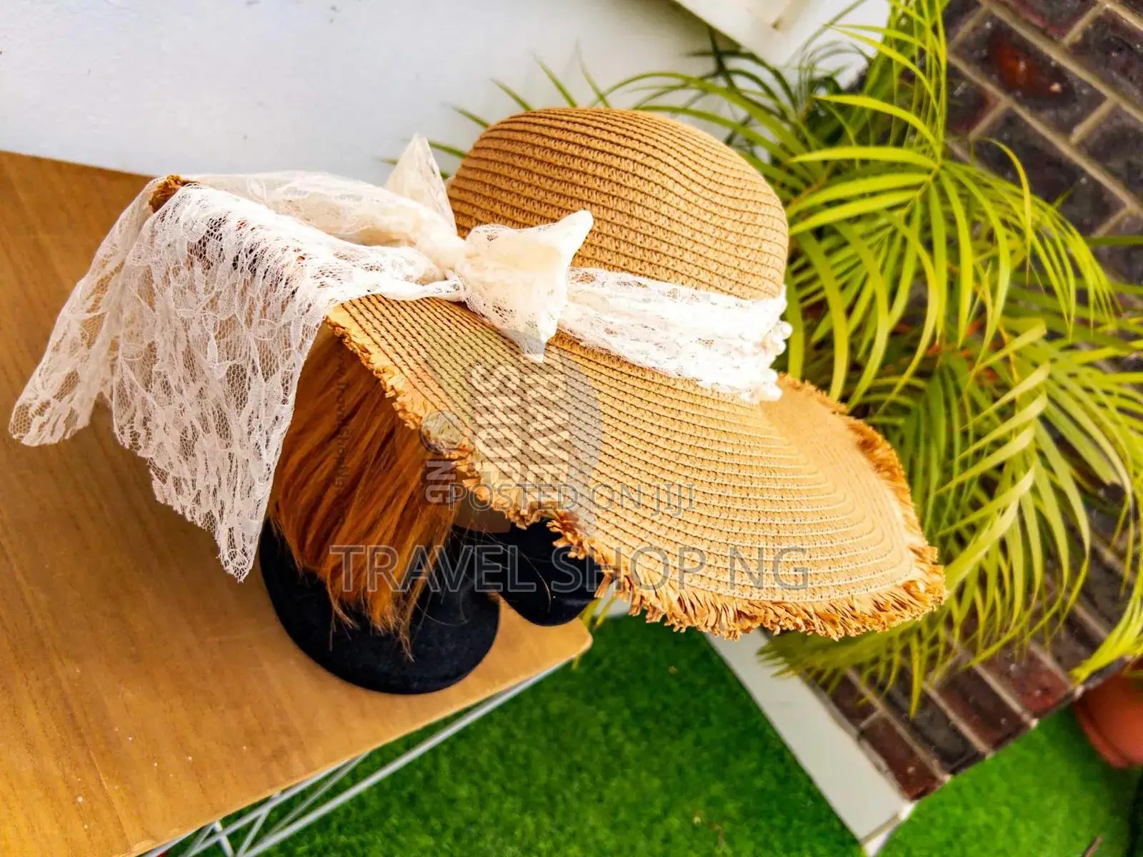 Straw Hat With Pearl and Lace Tie