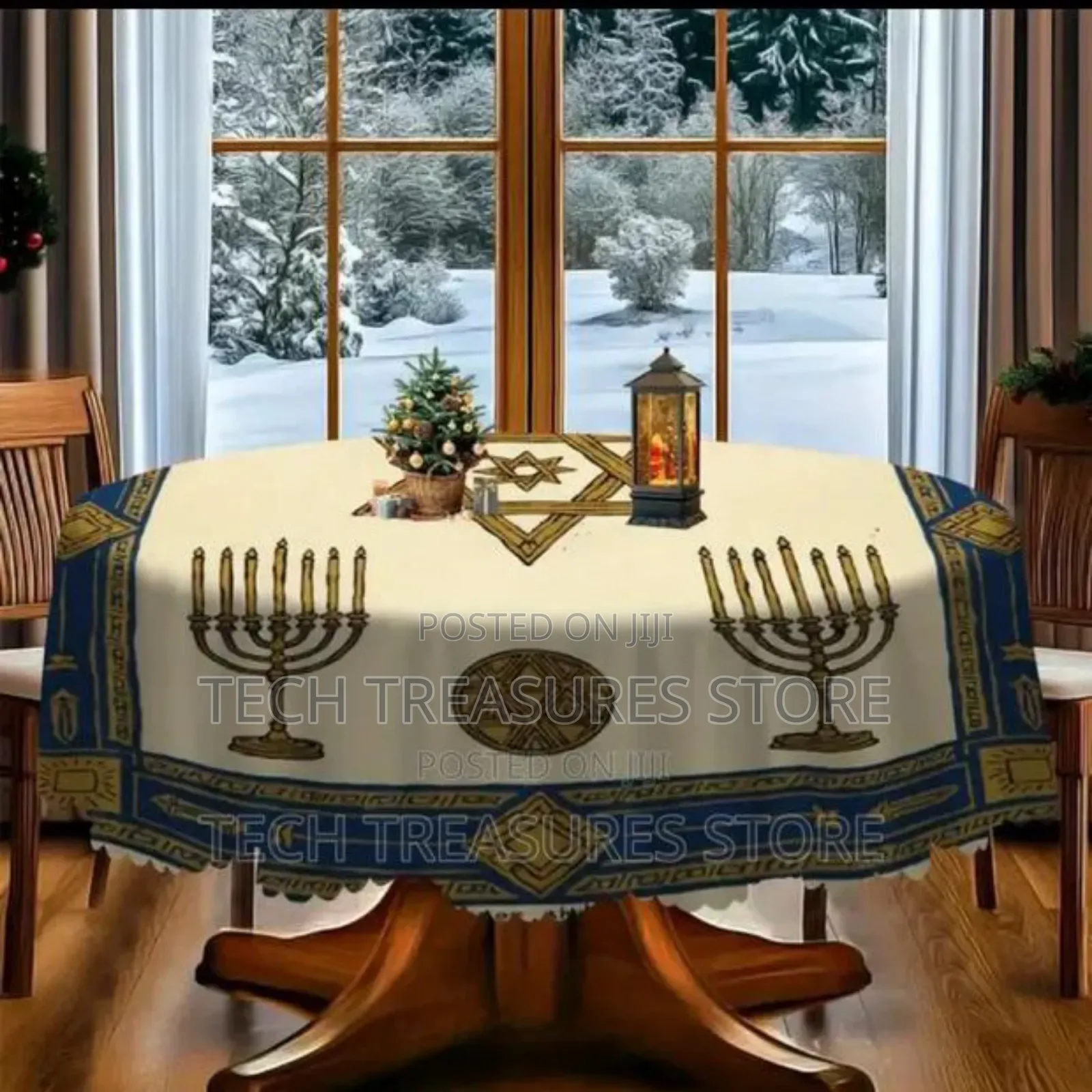 Jewish Hanukkah Menorah Star of David Tablecloth - Hebrew Lettering