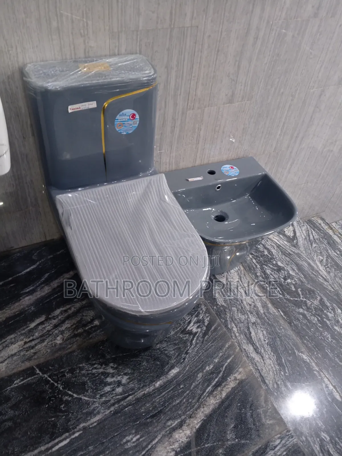 Grey With Strip Gold Water Closet With Wallhung Basin