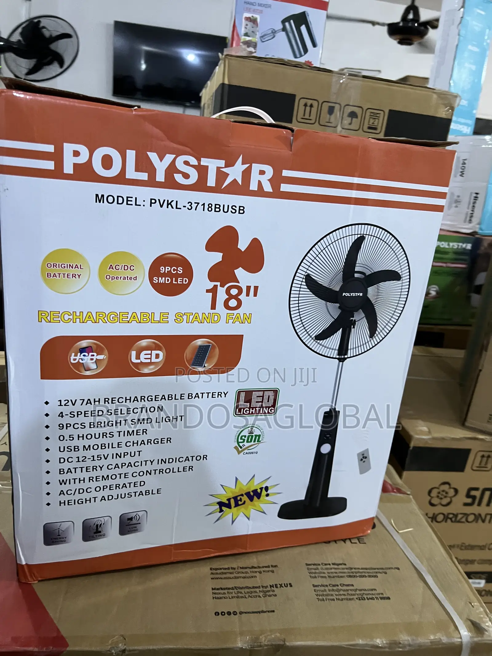 Polystar PVKL-1878busb 18" Stand Fan | Bright Led Light