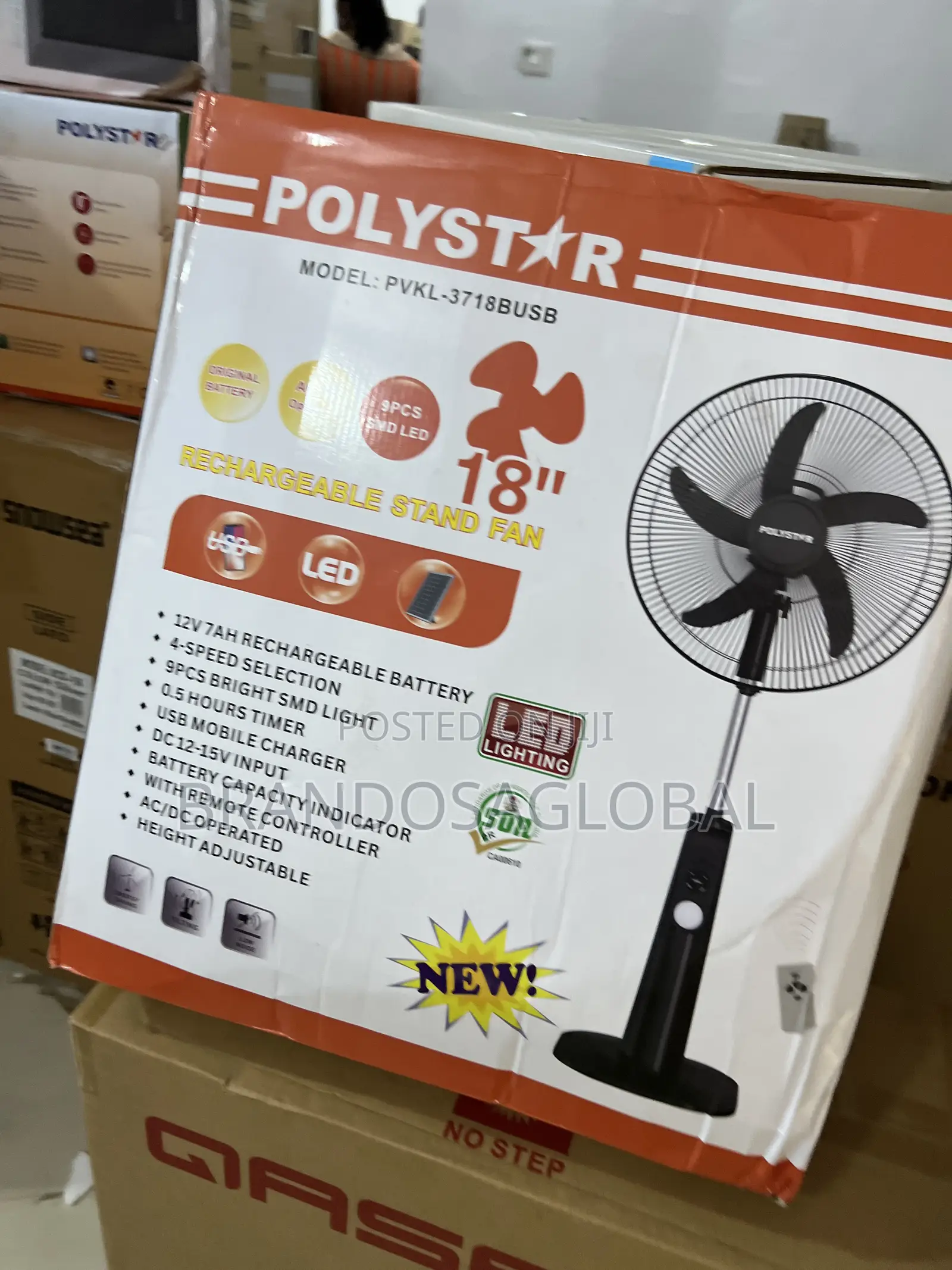 Polystar PVKL-1878busb Rechargeable Fan | Strong 18-Inch Blades