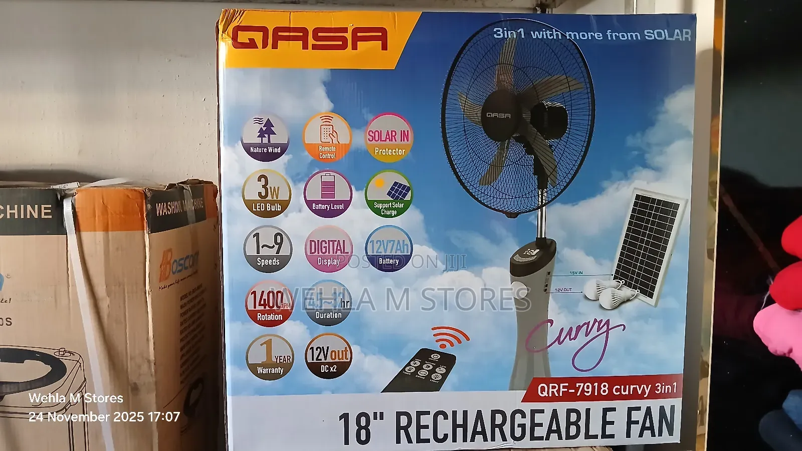 Qasa 18" Solar Rechargeable Fan - QRF-7918 Curvy 3-in-1