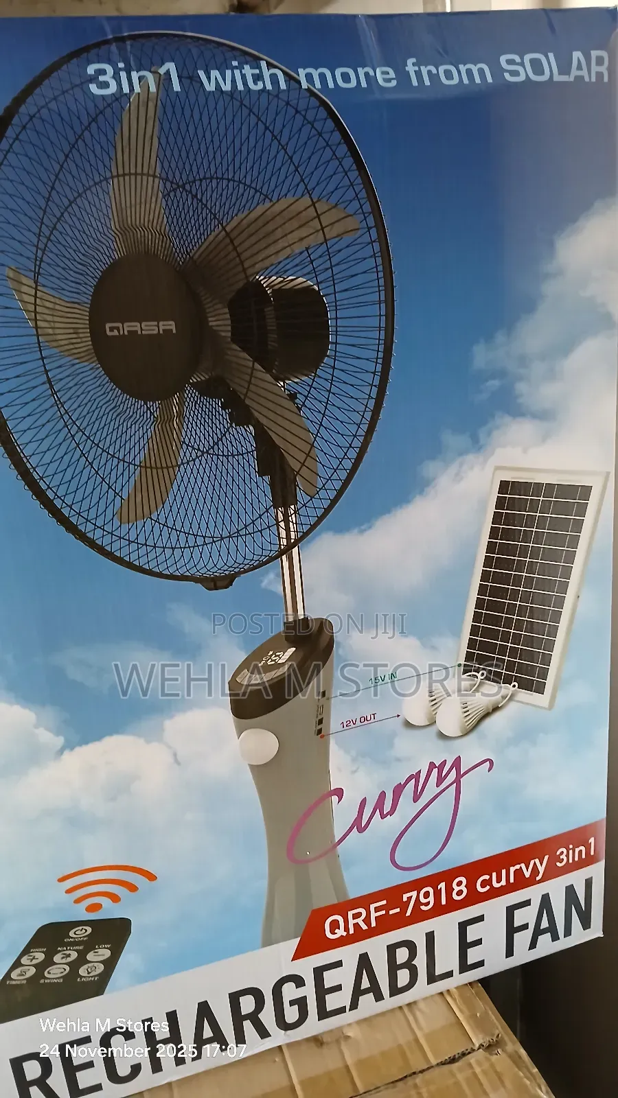 Qasa 18" Solar Rechargeable Fan - QRF-7918 Curvy 3-in-1