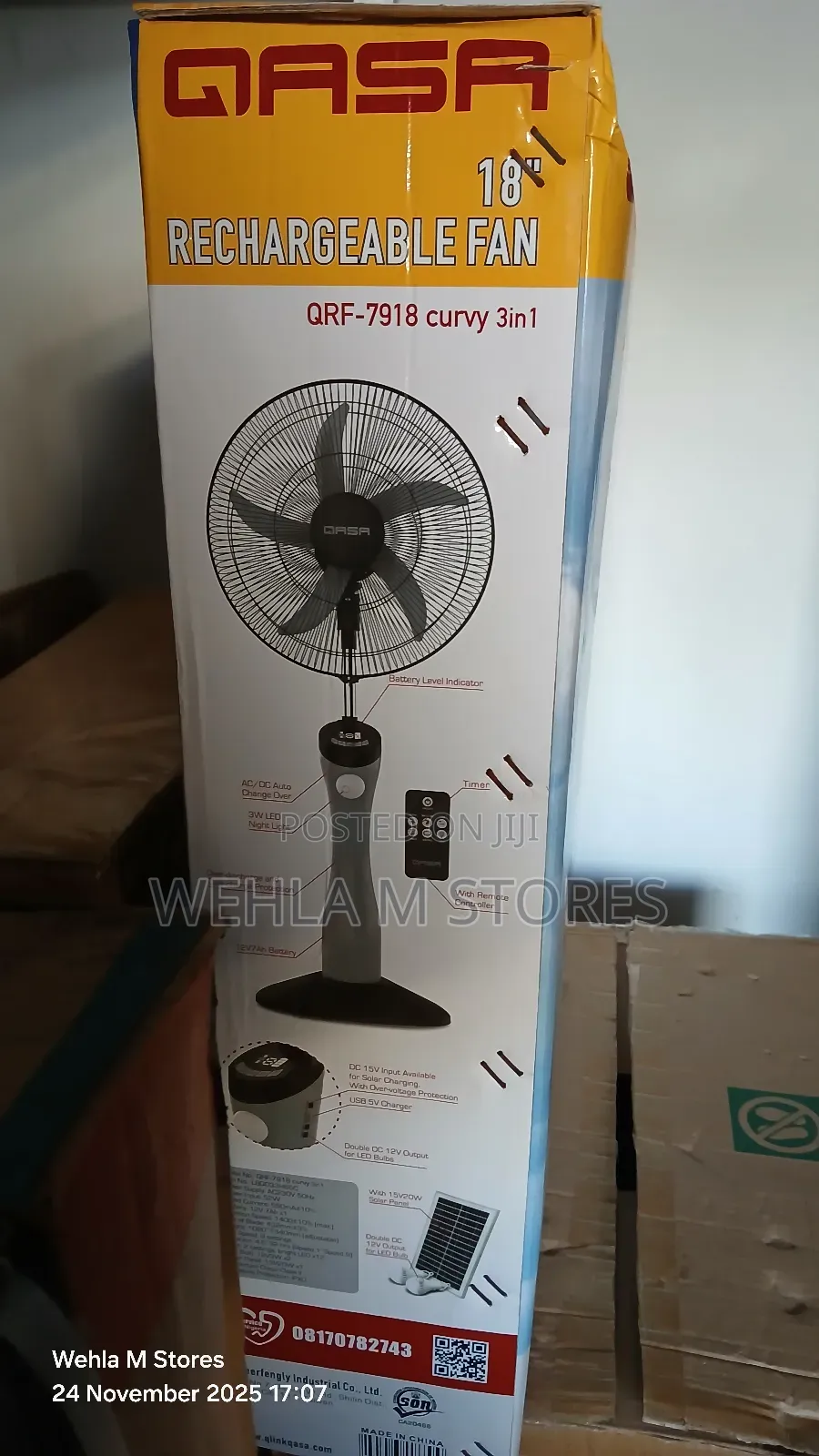 Qasa 18" Solar Rechargeable Fan - QRF-7918 Curvy 3-in-1