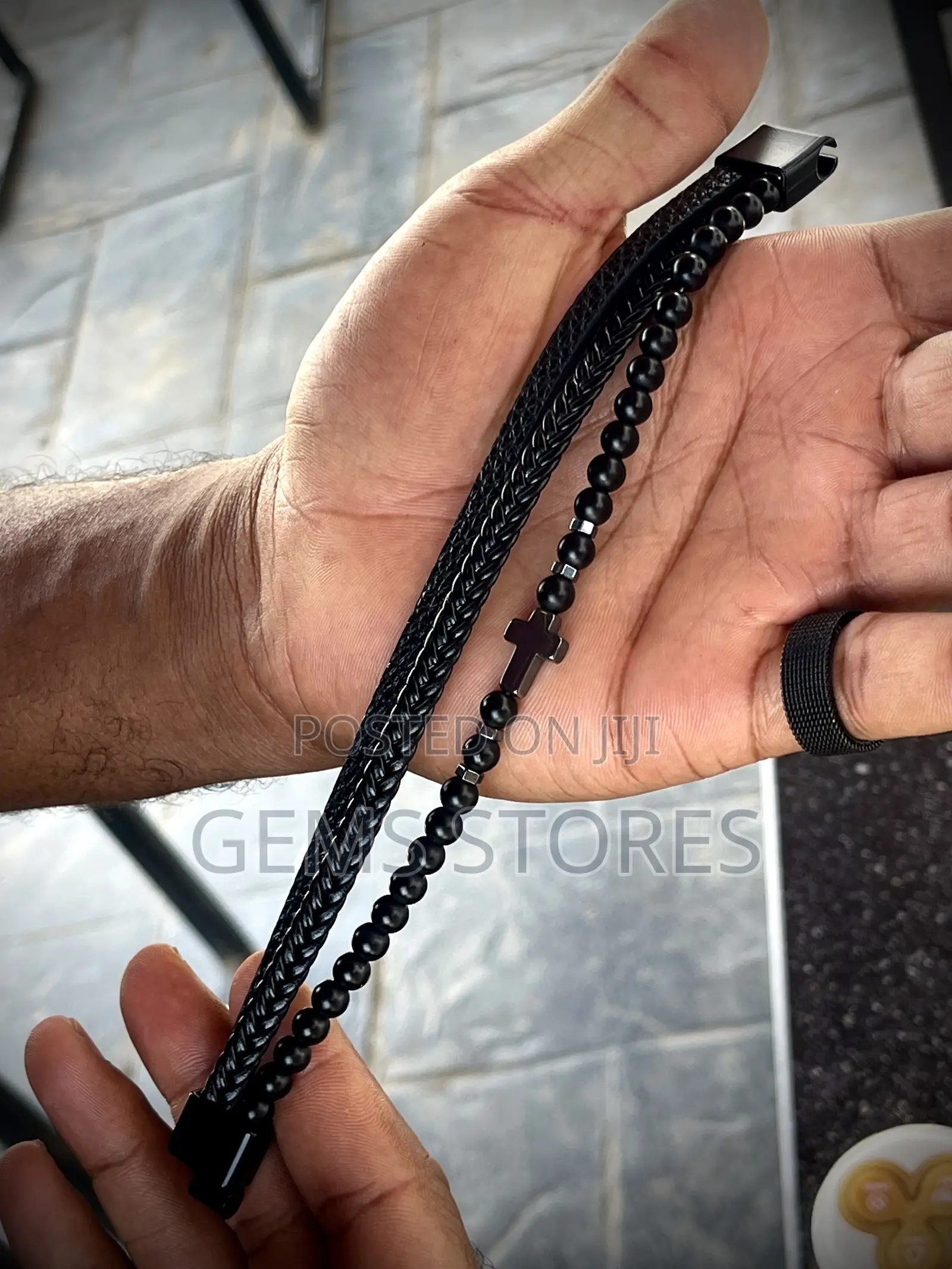 Bold Black Multi-Layered Bracelet - Leather, Beaded Cross Design